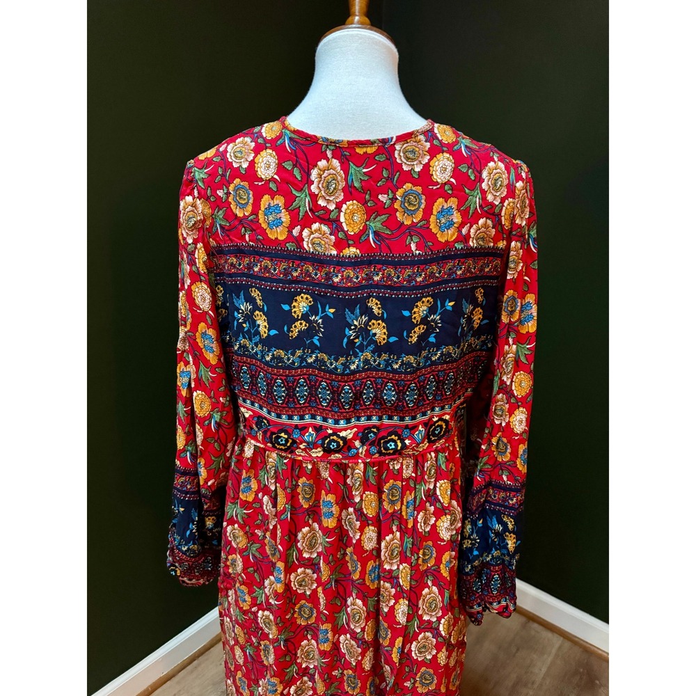 R Vivimos Red Floral Bohemian Hippie Cottagecore Long Sleeve Maxi Dress Med - Picture 6 of 8
